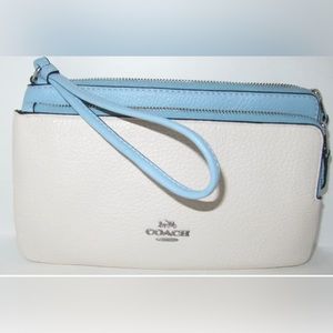 Coach CF447 Contrast Double Zip Wallet Wristlet Chalk & Waterfall Blue NWT $198